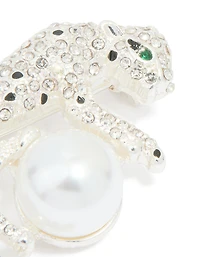 Silver Diamante Jaguar & Pearl Brooch