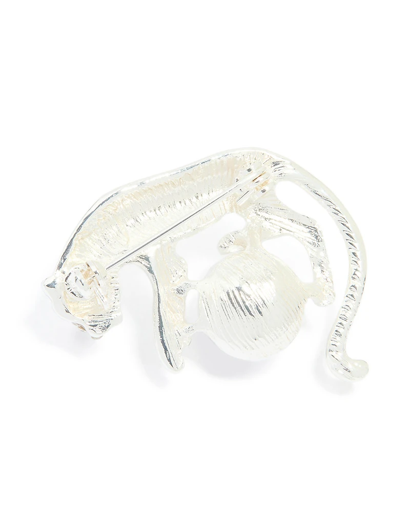Silver Diamante Jaguar & Pearl Brooch