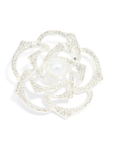 Silver Diamante & Pearl Rose Brooch