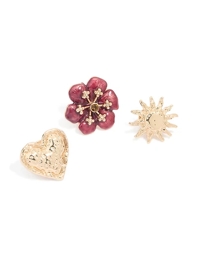 Broches cœur et fleurs dorées à texture dorée en paquet de 3