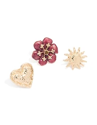 Broches cœur et fleurs dorées à texture dorée en paquet de 3