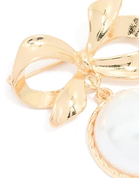 Gold Large Drop Pearl & Bow Brooch