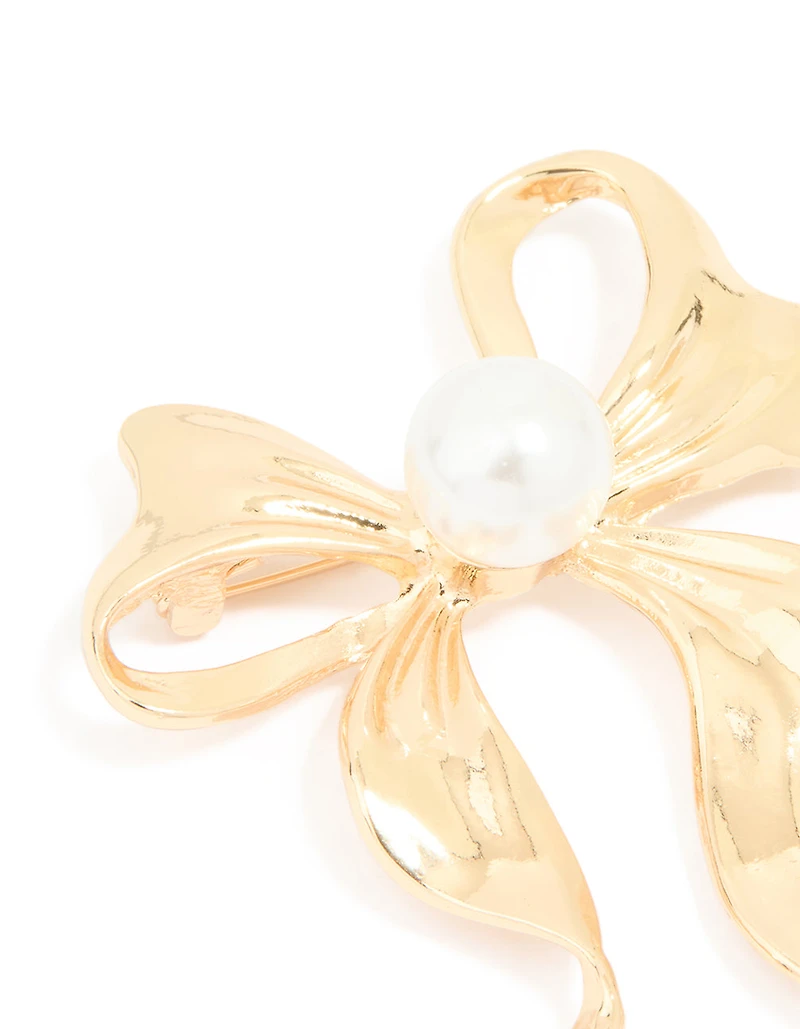 Gold Pearl Center Bow Brooch