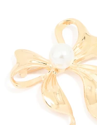 Gold Pearl Center Bow Brooch