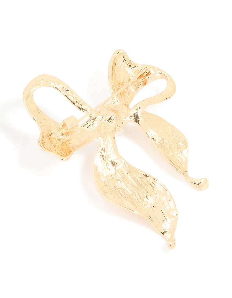 Gold Pearl Center Bow Brooch