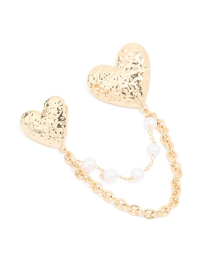 Broche à chaîne double cœur dorée texturée