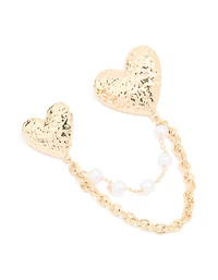 Broche à chaîne double cœur dorée texturée