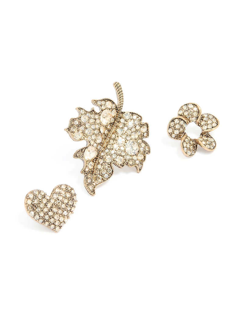 Broches à feuilles de diamants dorées usées en paquet de 3