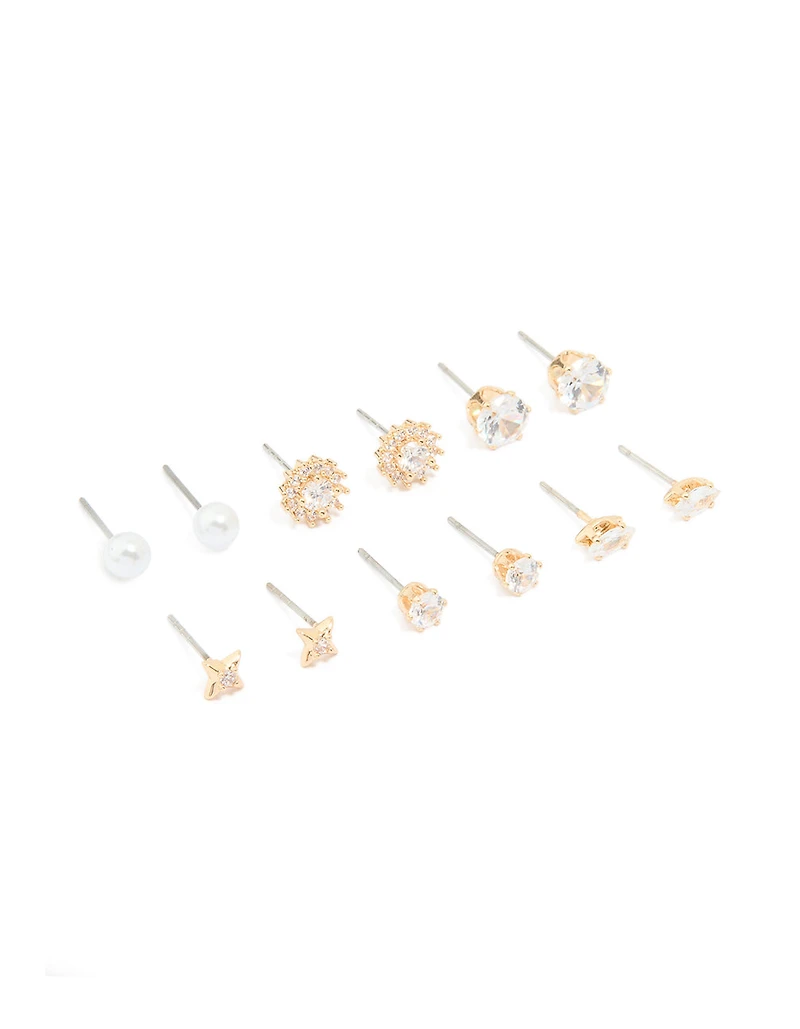 Gold Diamante Mixed Shaped Stud Earrings 6-Pack