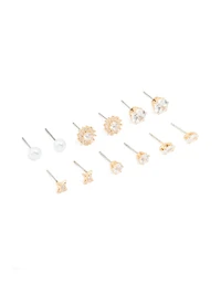 Gold Diamante Mixed Shaped Stud Earrings 6-Pack