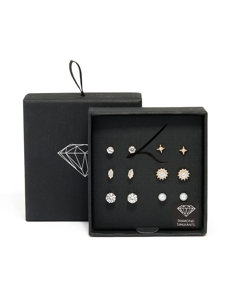 Gold Diamante Mixed Shaped Stud Earrings 6-Pack
