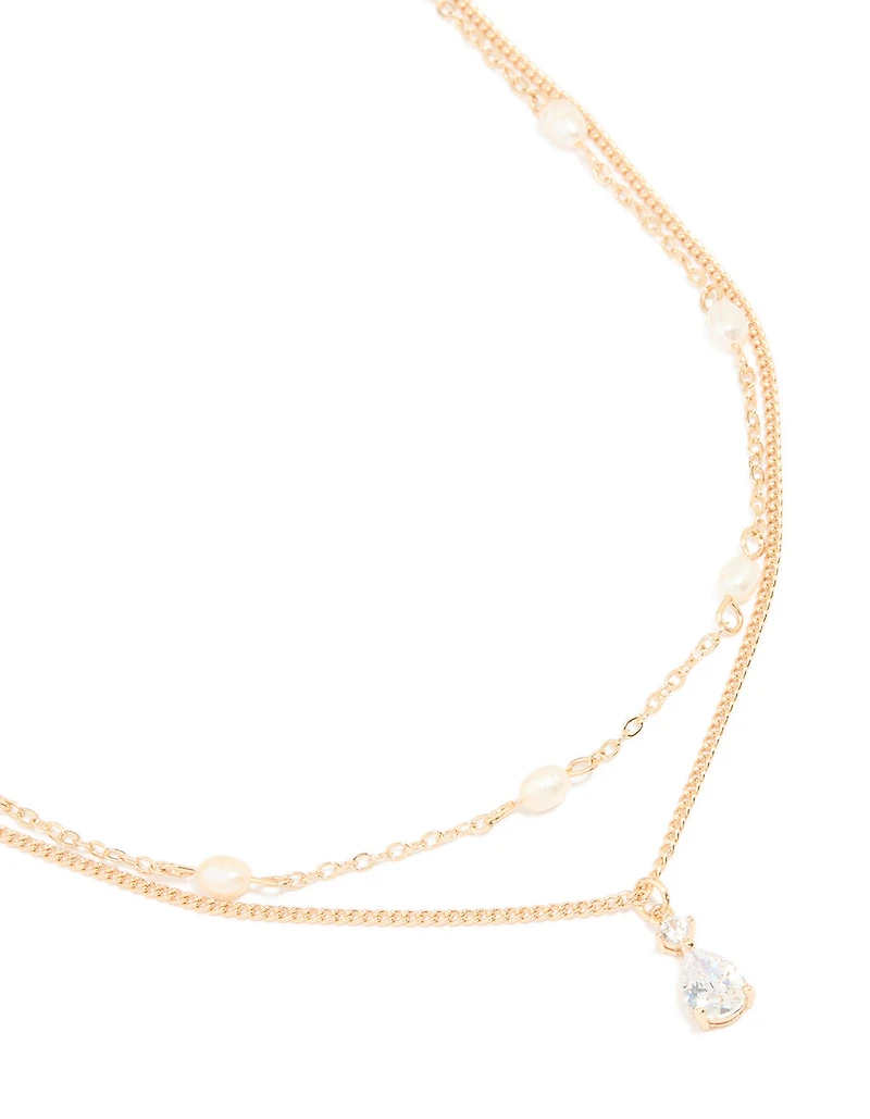 Gold Plated Freshwater Pearl & Diamante Layered Necklace