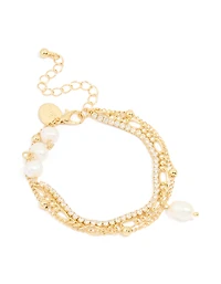Gold Plated Freshwater Pearl Diamante Layered Chain Bracelet