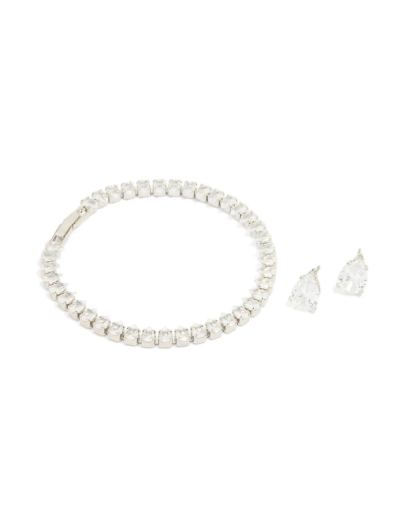 Silver Cubic Zirconia Earrings & Tennis Bracelet Set