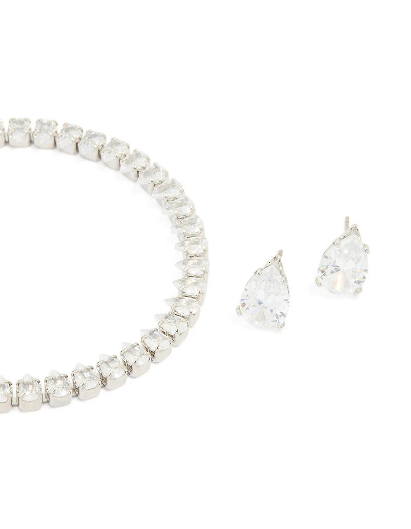 Silver Cubic Zirconia Earrings & Tennis Bracelet Set