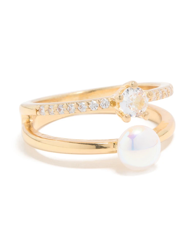 Gold Plated Cubic Zirconia & Pearl Open Stacked Ring
