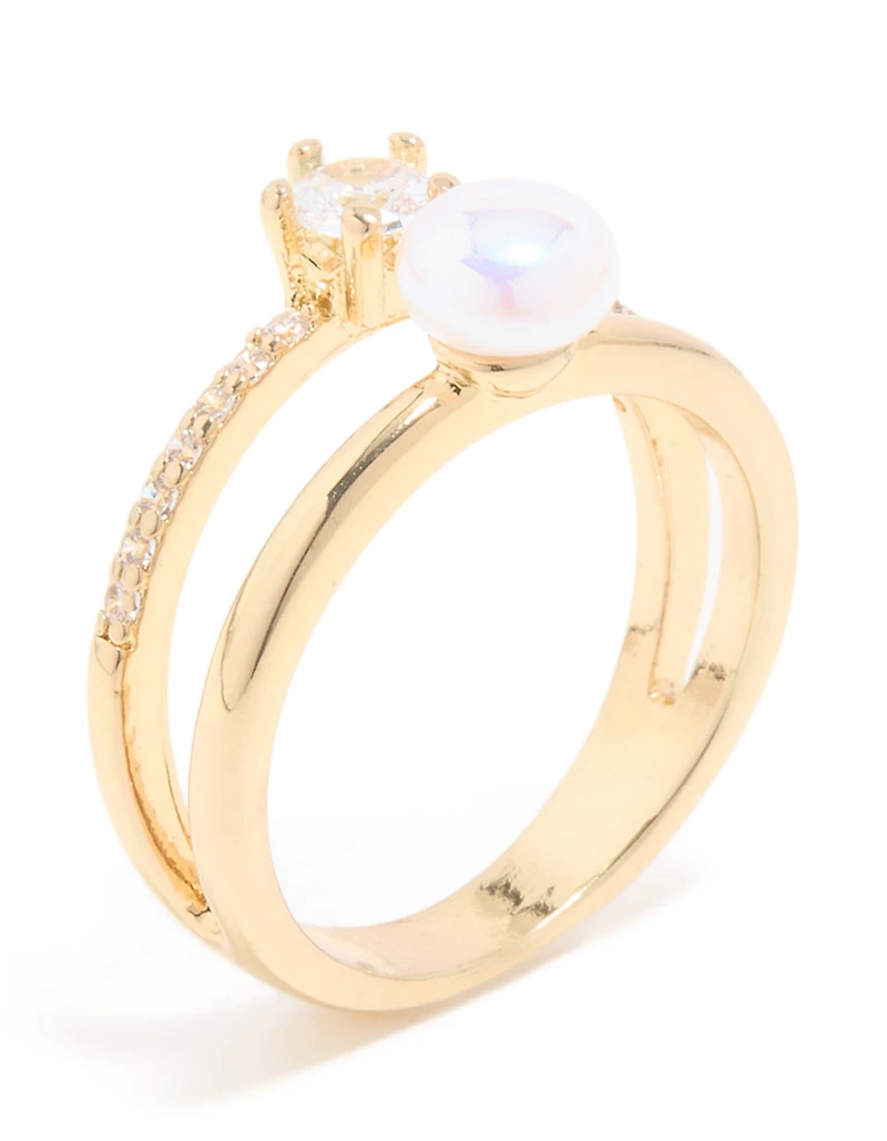 Gold Plated Cubic Zirconia & Pearl Open Stacked Ring