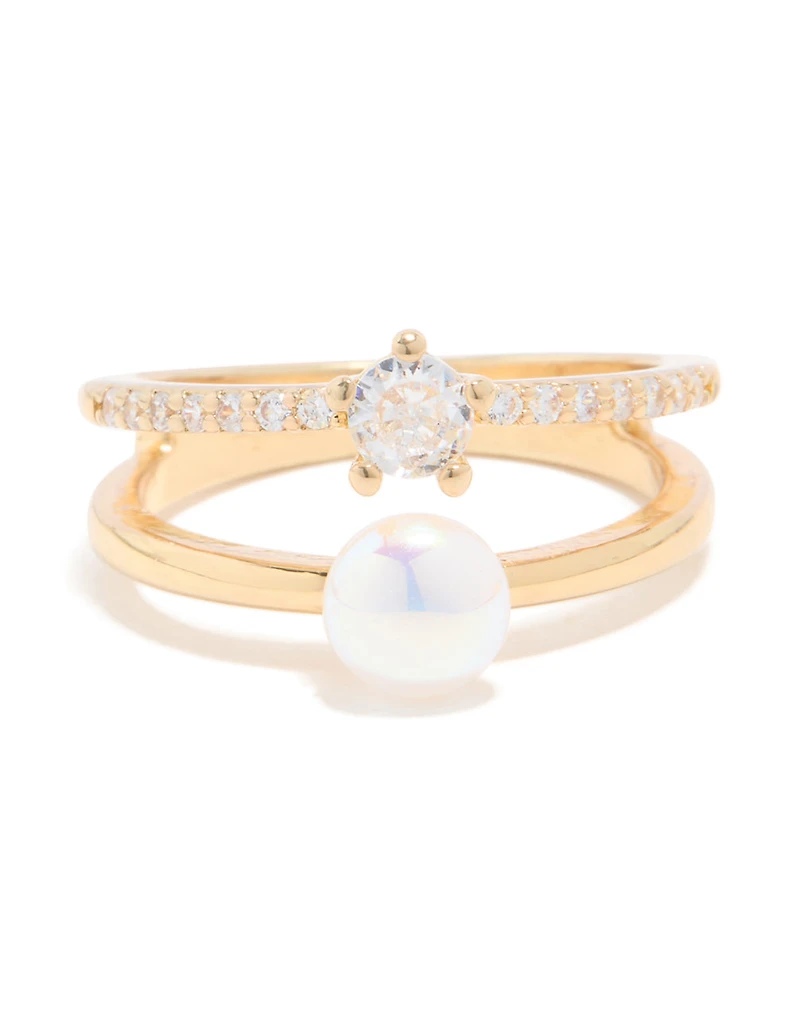 Anneau empilé ouvert en zircone cubique plaqué or et perles