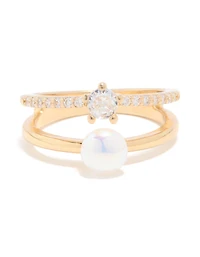 Anneau empilé ouvert en zircone cubique plaqué or et perles