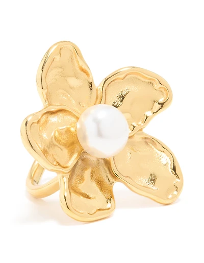 Waterproof Gold Plated Stainless Steel Large Flower Pearl Ring