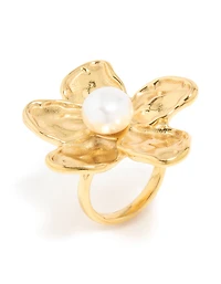 Anneau imperméable en acier inoxydable plaqué or grande perle florale