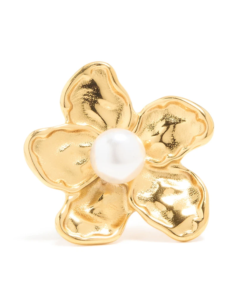Waterproof Gold Plated Stainless Steel Large Flower Pearl Ring