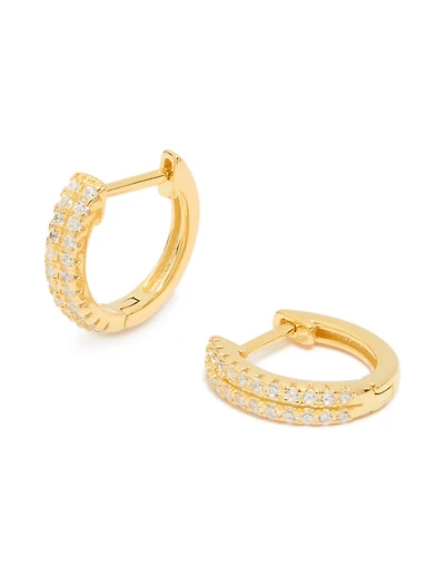 Gold Plated Sterling Silver Double Row Cubic Zirconia Huggie Earrings