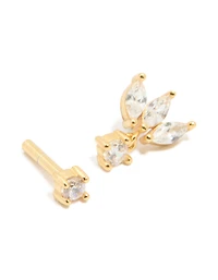 Gold Plated Sterling Silver Cubic Zirconia Fan Marquise Single Flat Back Stud