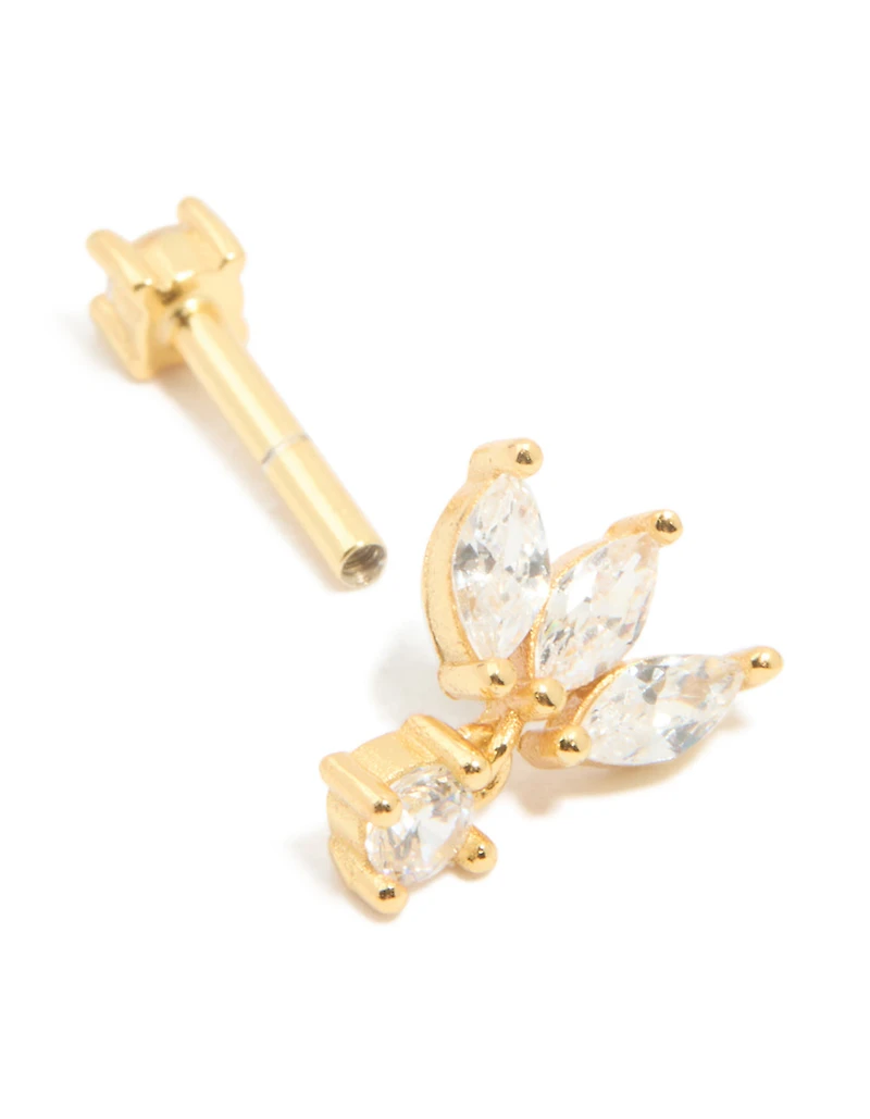 Gold Plated Sterling Silver Cubic Zirconia Fan Marquise Single Flat Back Stud