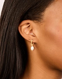 Waterproof Gold Plated Stainless Steel Mini Pearl Drop Huggie Earrings