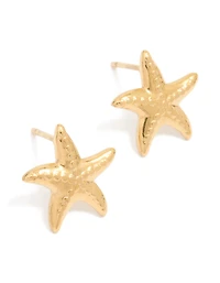 Waterproof Gold Plated Stainless Steel Textured Starfish Stud Earrings