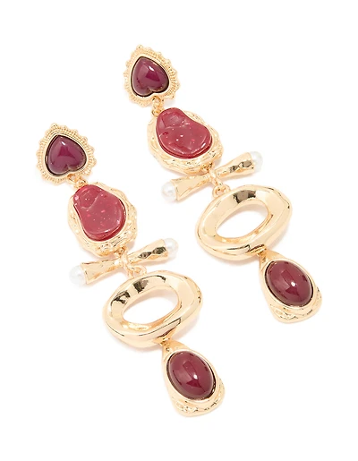 Gold Pearl & Red Stone Attachment Drop Earrings