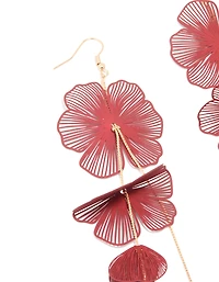 Gold Red Laser Cut Flower Drop Earrings