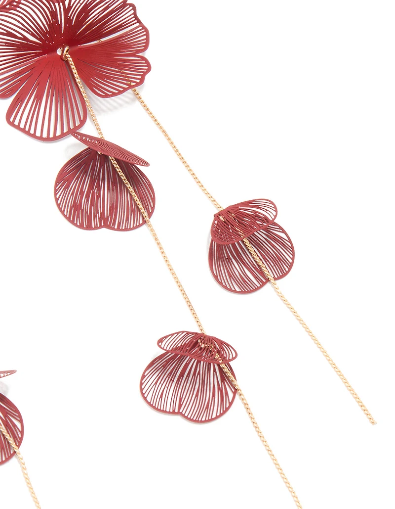 Gold Red Laser Cut Flower Drop Earrings