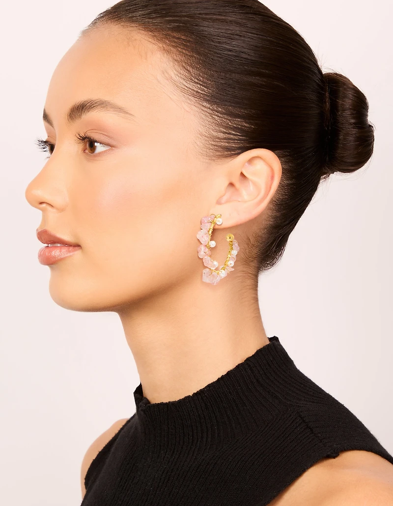 Gold Plated Rose Quartz Pearl Hoop Earrings