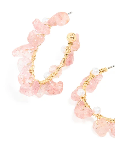 Gold Plated Rose Quartz Pearl Hoop Earrings