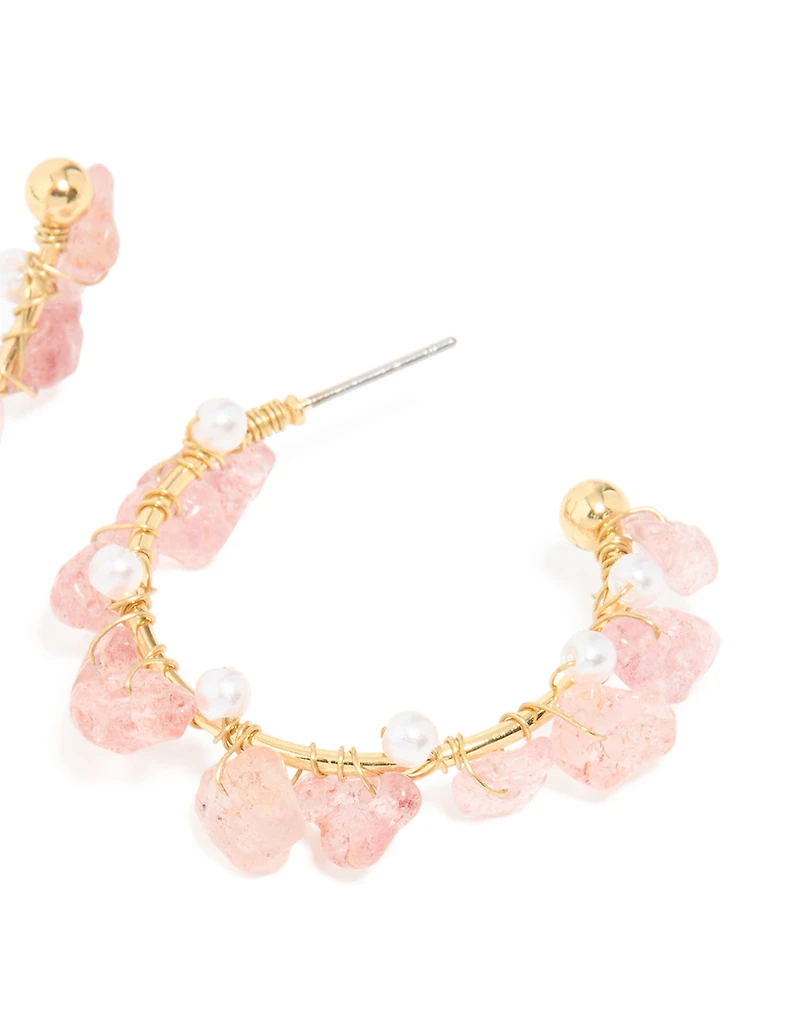 Gold Plated Rose Quartz Pearl Hoop Earrings