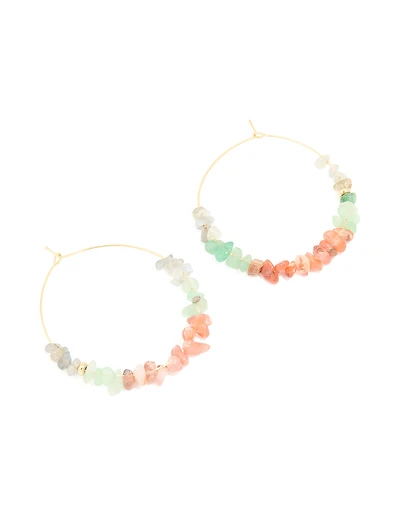 Gold Plated Multicoloured Semi Precious Stone Chip Hoop Earrings