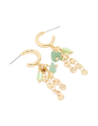 Gold Plated Green Semi Precious Stone Disc Drop Hoop Earrings