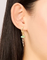 Gold Plated Green Semi Precious Stone Disc Drop Hoop Earrings