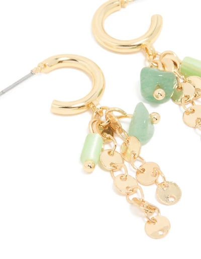 Gold Plated Green Semi Precious Stone Disc Drop Hoop Earrings