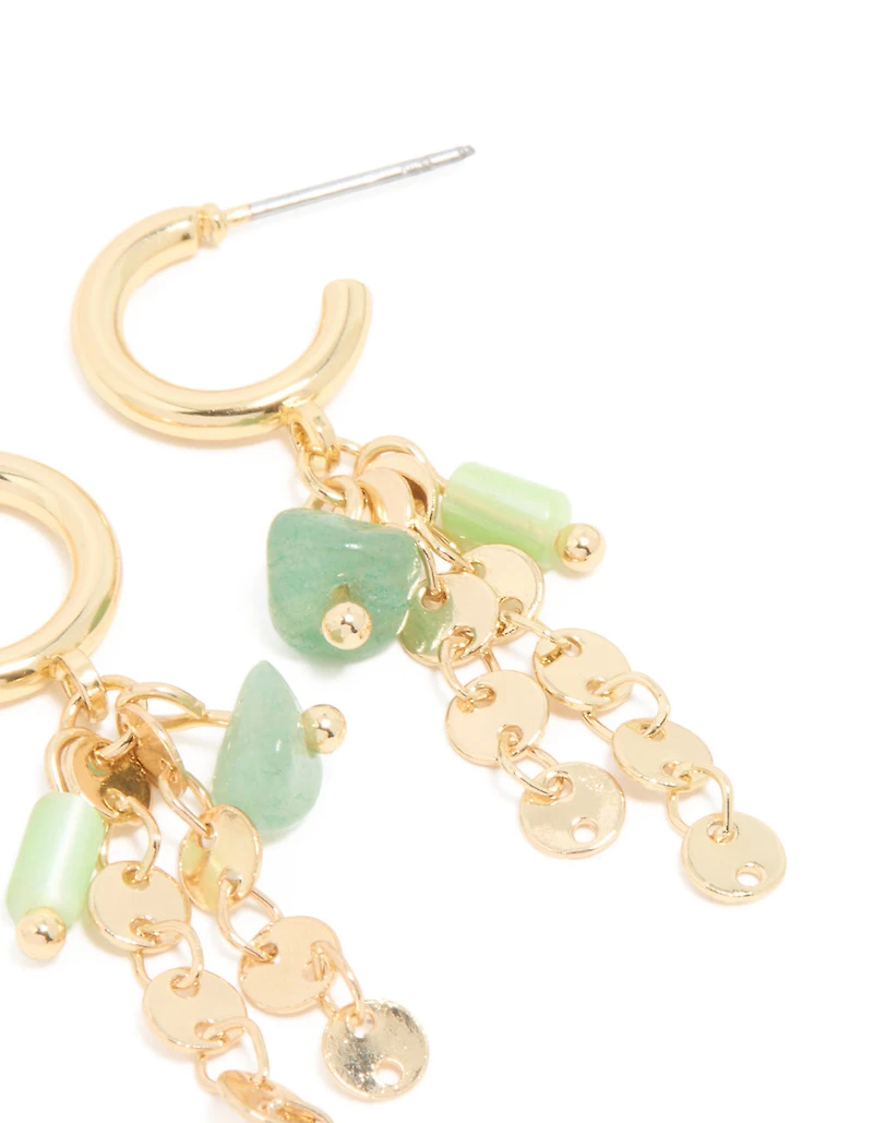Gold Plated Green Semi Precious Stone Disc Drop Hoop Earrings