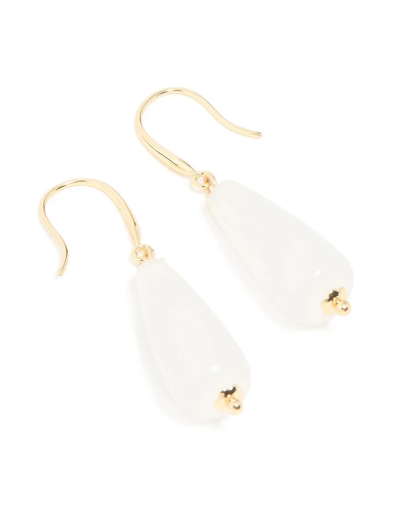 Gold Plated White Jade Sleek Drop Earrings