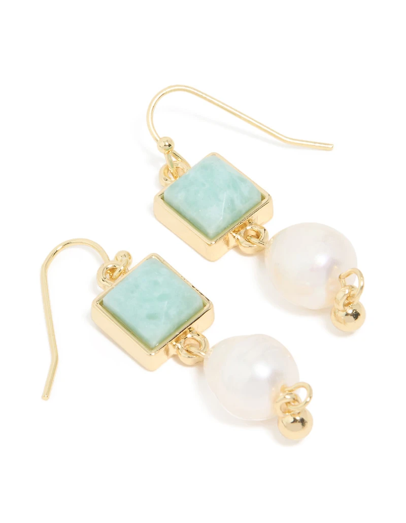 Gold Plated Green Semi Precious Stone Freshwater Pearl Statement Earrings