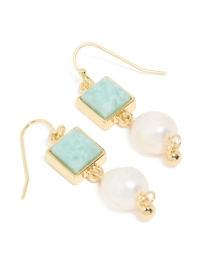 Boucles d’oreilles d’honneur en perles d’eau douce en pierres semi-précieuses vertes plaquées or