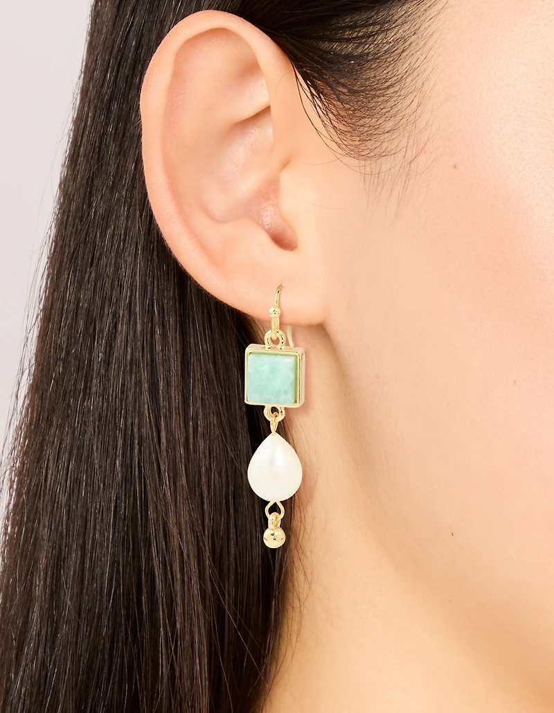 Gold Plated Green Semi Precious Stone Freshwater Pearl Statement Earrings