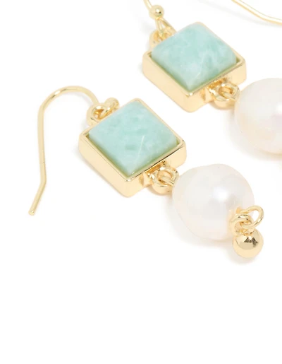 Gold Plated Green Semi Precious Stone Freshwater Pearl Statement Earrings