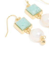 Gold Plated Green Semi Precious Stone Freshwater Pearl Statement Earrings