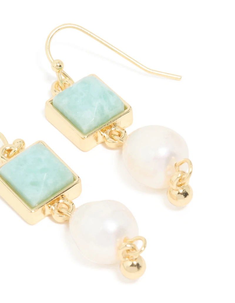 Gold Plated Green Semi Precious Stone Freshwater Pearl Statement Earrings