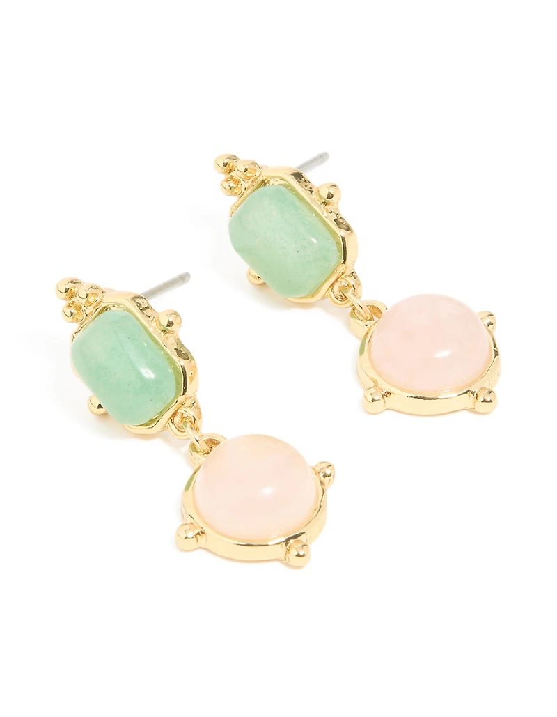 Gold Plated Rose Quartz & Green Semi Precious Stone Detail Outline Drop Earrings